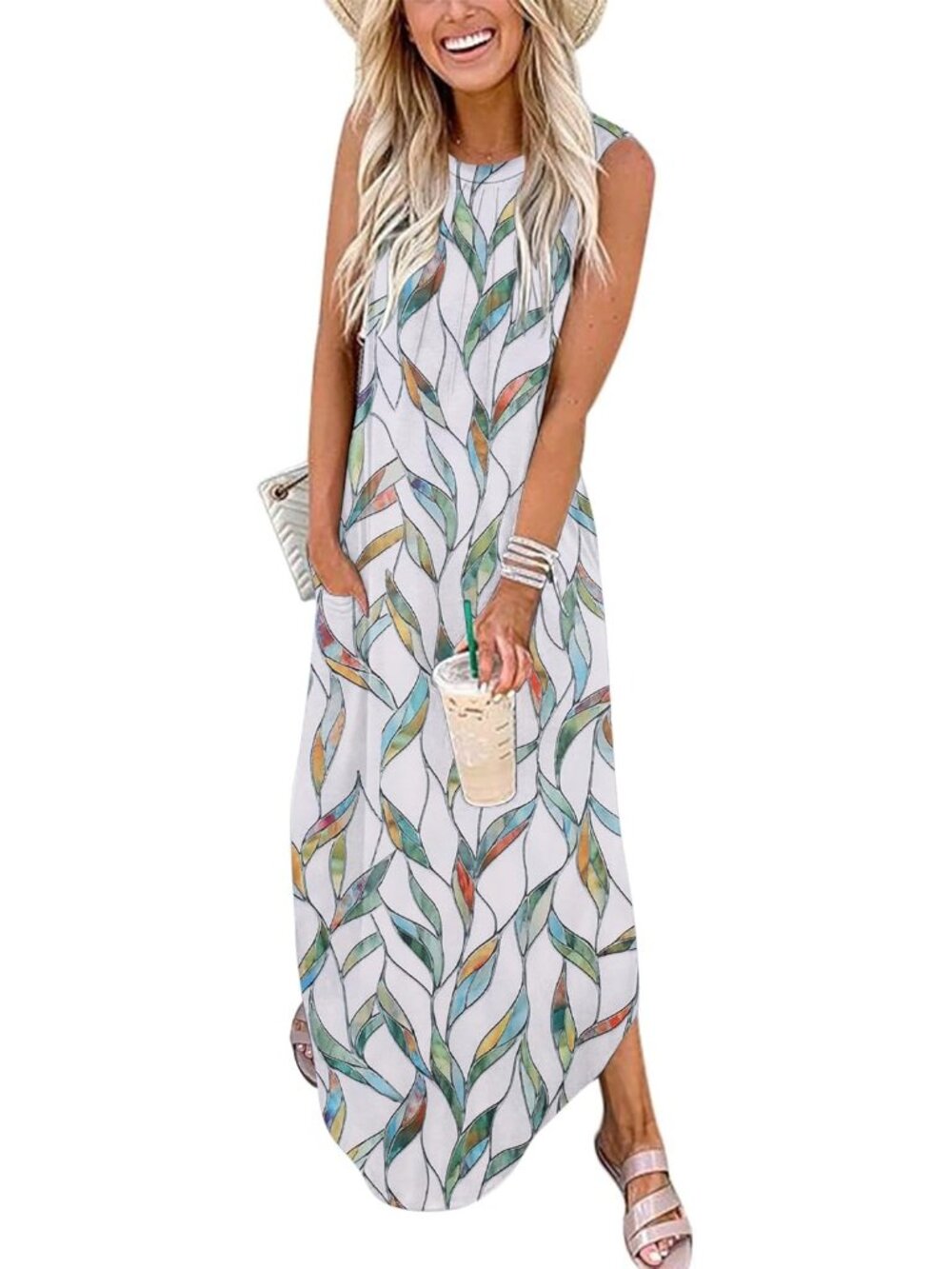 Women's Leaf White Summer Dress Casual Long Dress Split Curve Hem Dress Floral
